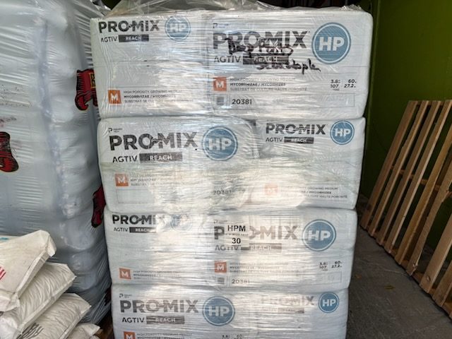 Stacked bales of Pro-Mix HP high-porosity growing medium