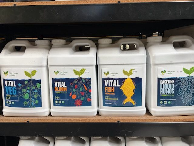 Vital Garden Products organic nutrients lined up on a shelf